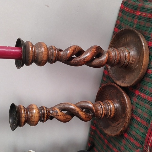 Carved Wood Barley Twist Taper Candle Stick Holders Vintage Antique Set 2 - Picture 10 of 10